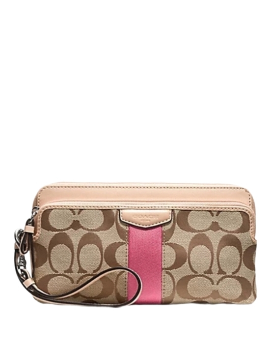 Coach Handbags - 💗 Coach Y2K Khaki Pink Signature Stripe 12CM Double Zip Wristlet Wallet